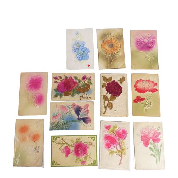 Set of 12 Antique Early 1900s Embossed Flower Postcards, Glitter Rose Sunflower+ - Picture 1 of 6
